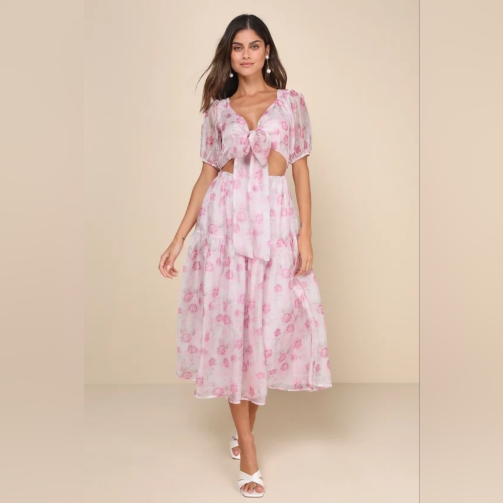 Lulu's Ideal Poise Blush Floral Chiffon Backless Tie-Front Midi Dress